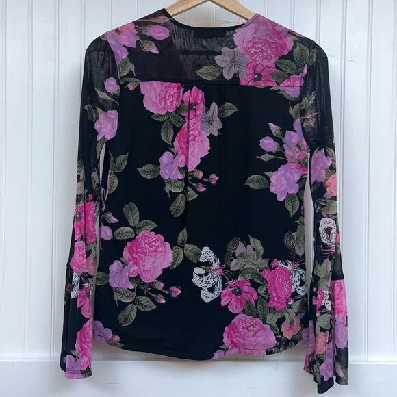 INC International Concepts Black Pink Floral Mesh Bell Sleeve Peasant Blouse Top - Picture 4 of 10